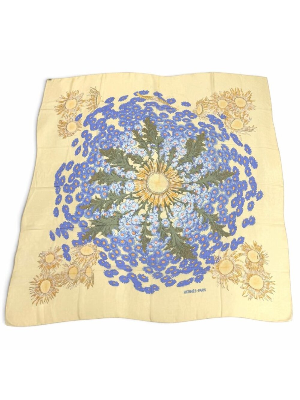 Hermes Carre Fleurs Et Carlines Silk 100% Muslin Scarf Blue Yellow